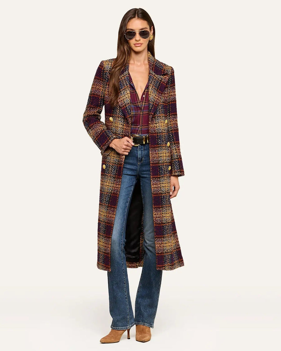 Kolina Tweed Long Coat Navy/Burgundy Multi Tweed