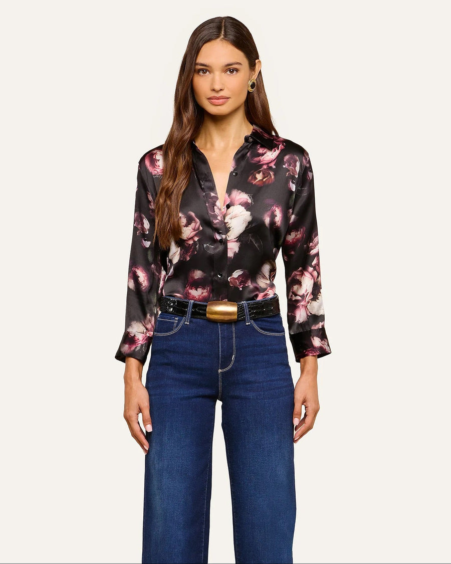 Dani Silk Blouse Black/Mauve Distressed Rose
