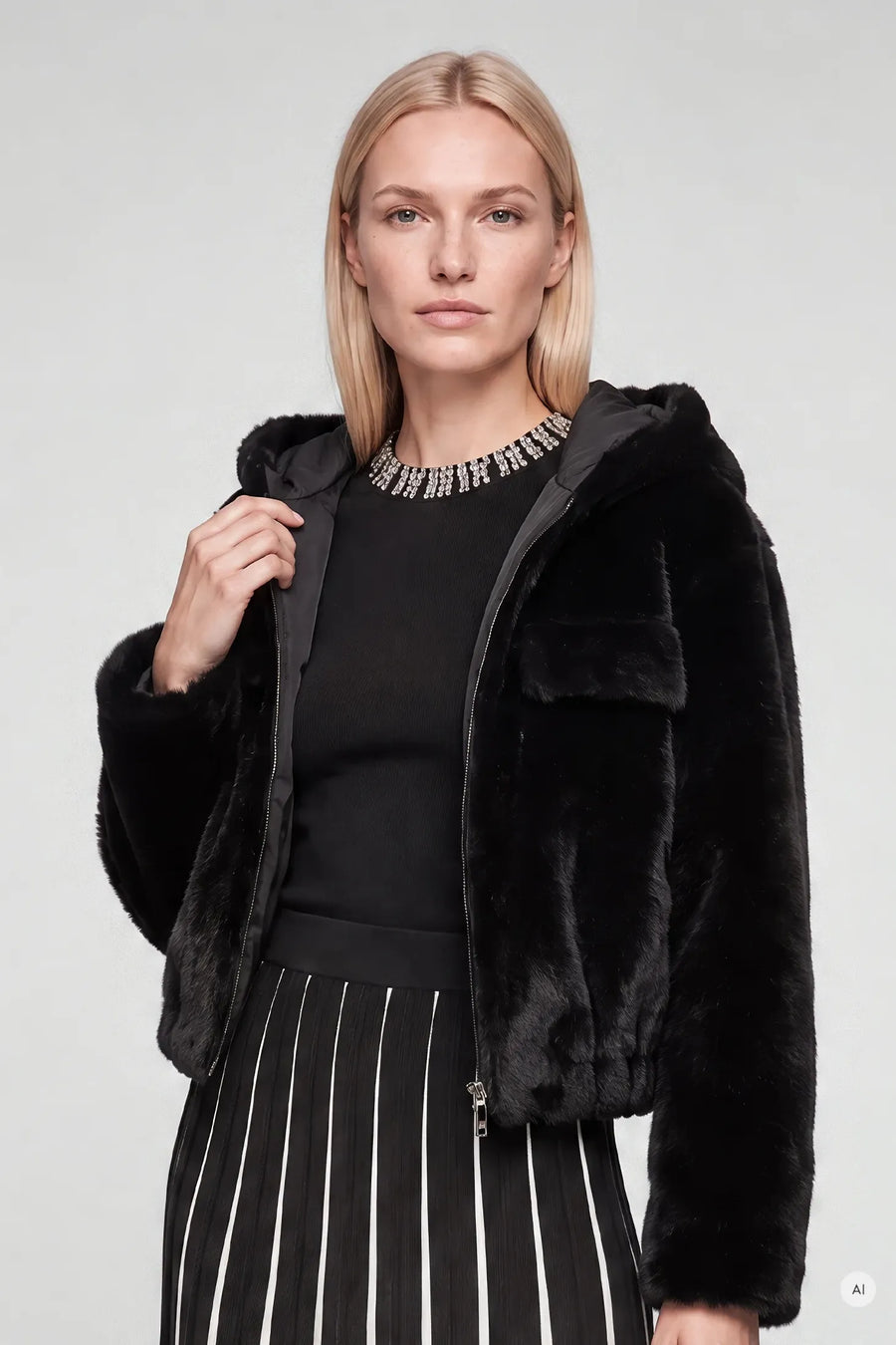 Faux Fur Jacket With Mink Look Black