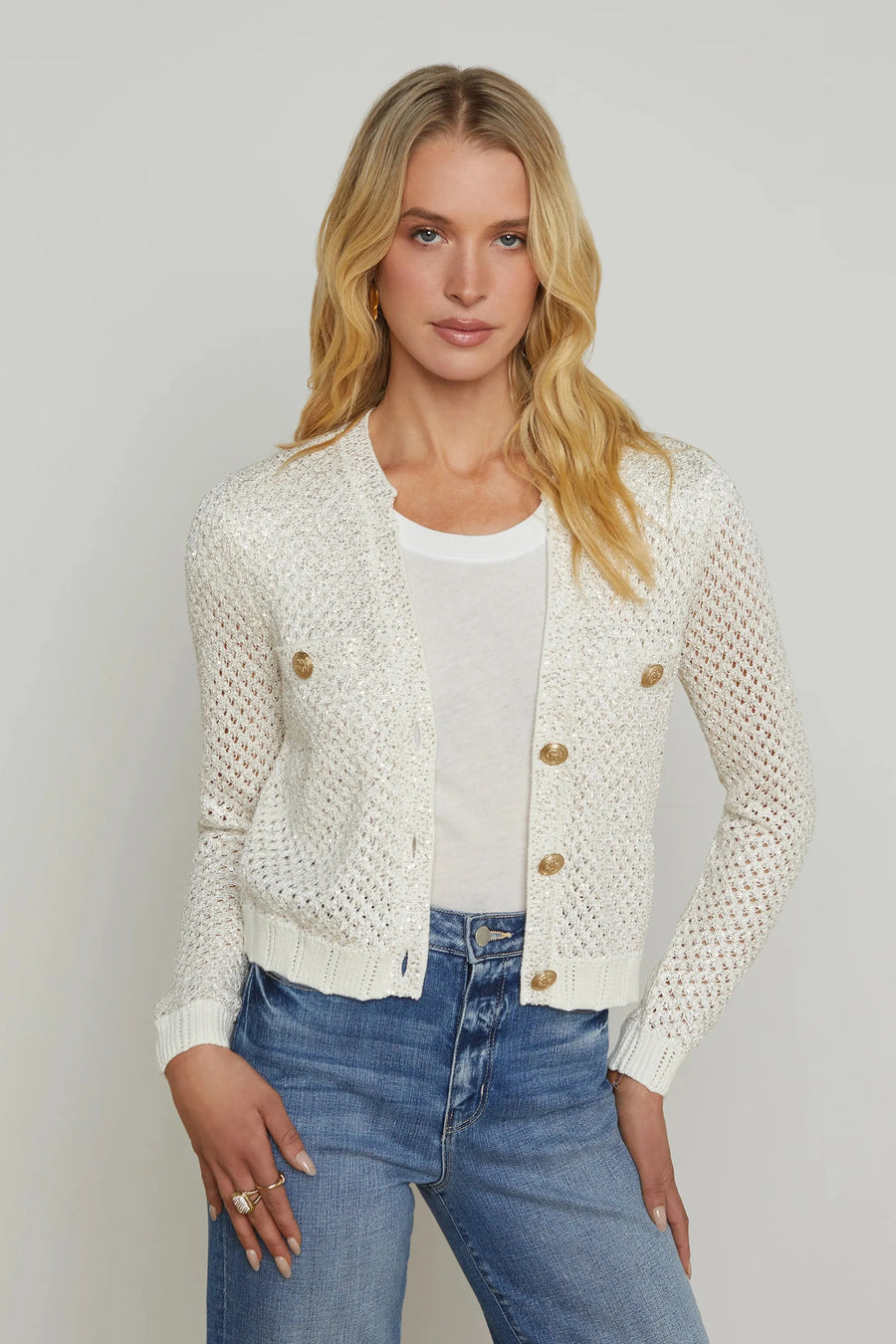 Blanca Sequin Cardi in Ivory Gold-L&