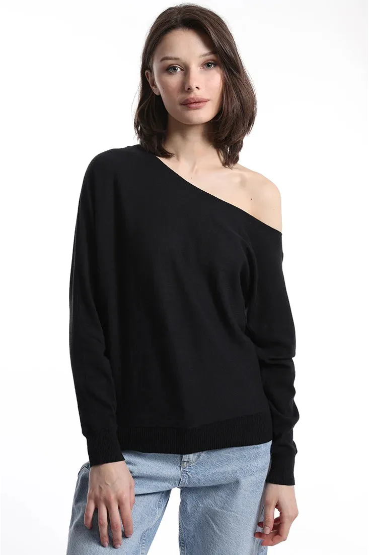 Cotton Cashmere Off The Shoulder Top Black-Minnie Rose-Tocca Finita