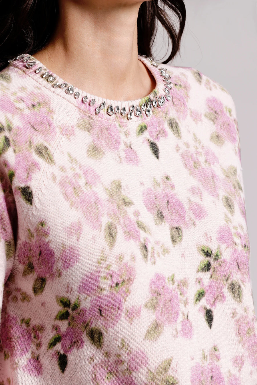 Cotton Cashmere Printed Crew with Jewels-Minnie Rose-Tocca Finita