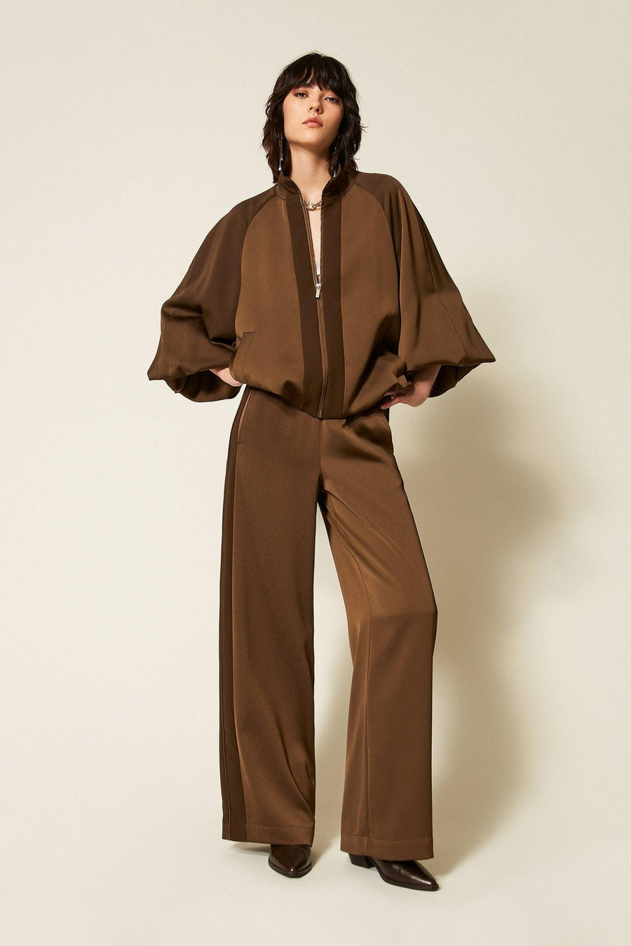 Envers Satin Palazzo Trousers Darkness Brown-TWINSET-Tocca Finita