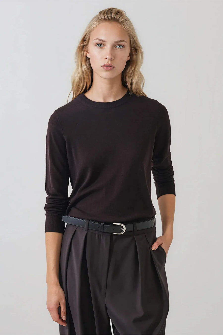 Extra-Fine Merino Classic Crewneck Turkish Coffee-Patrick Assaraf-Tocca Finita