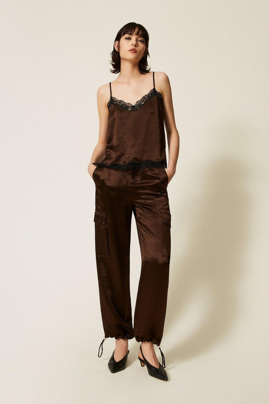 Froissé Satin Cargo Trousers Darkness Brown-TWINSET-Tocca Finita