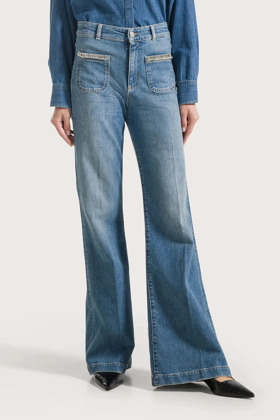 High-Waisted Long Jeans In Stretch Blue Denim With Stone Accessory Pockets Indigo Denim-Seventy-Tocca Finita
