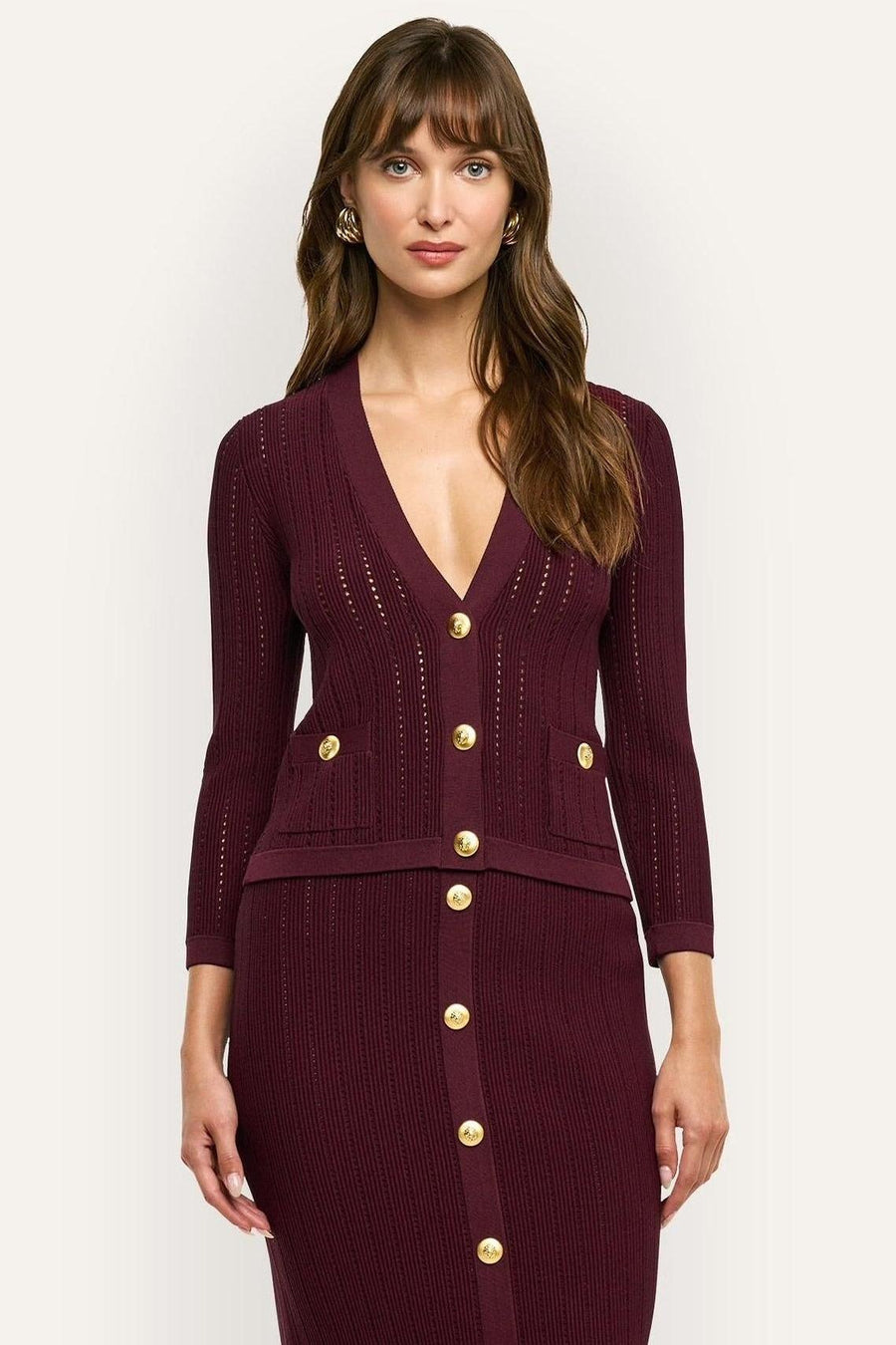 Irvin Pointelle Knit Cardigan Deep Port/Gold-L&