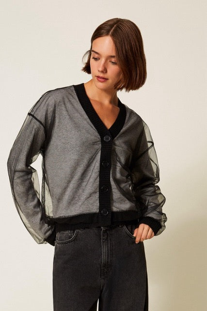 Knit Cardigan With Tulle Black/ Melange Gray-TWINSET-Tocca Finita