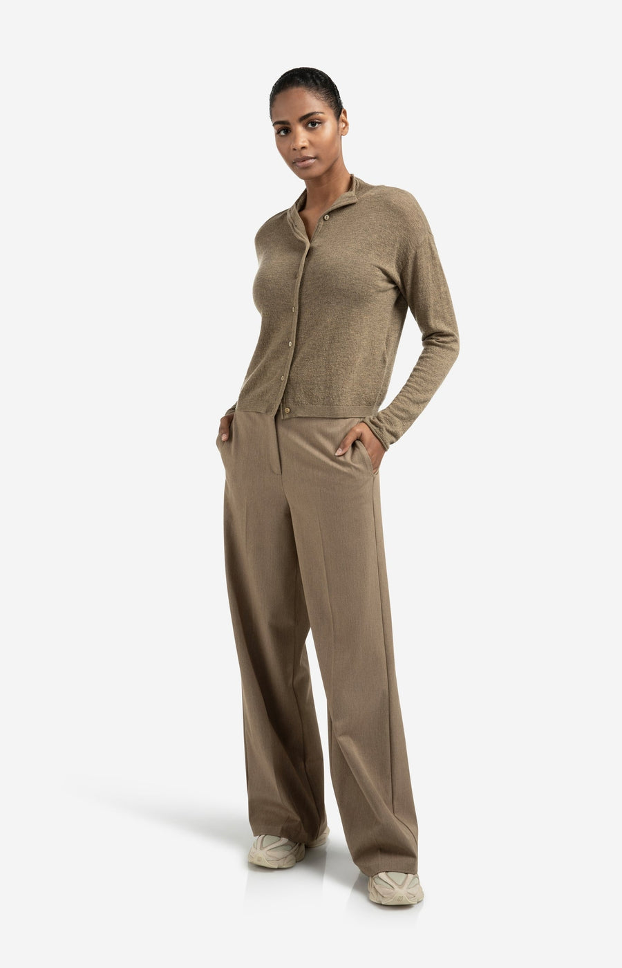 Knitted Cardigan With High Neckline And Button Closure Capers Melange-YAYA-Tocca Finita