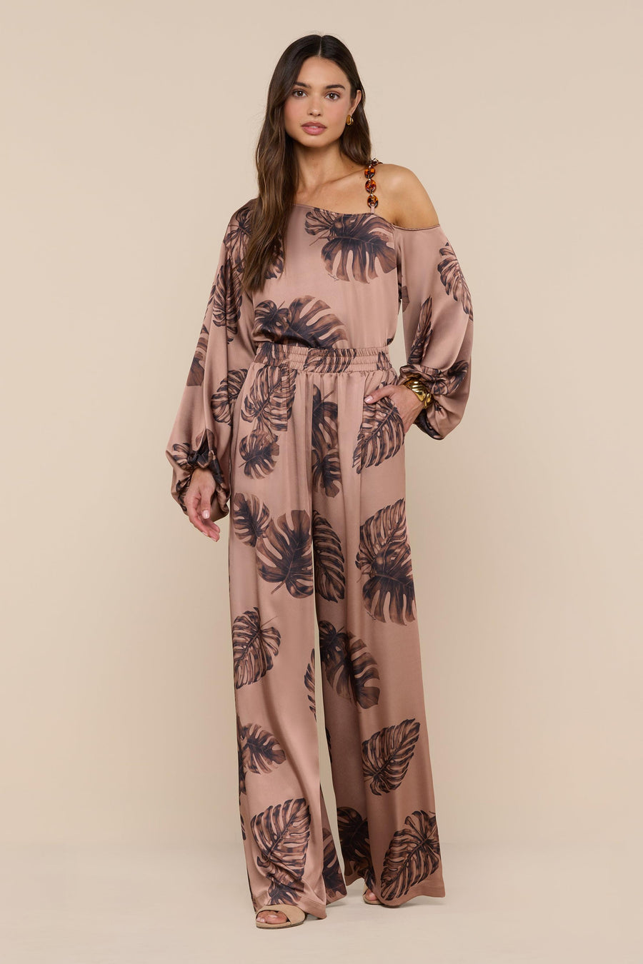 Lillian Wide Leg Pant Hazelnut Multi Palm-L&