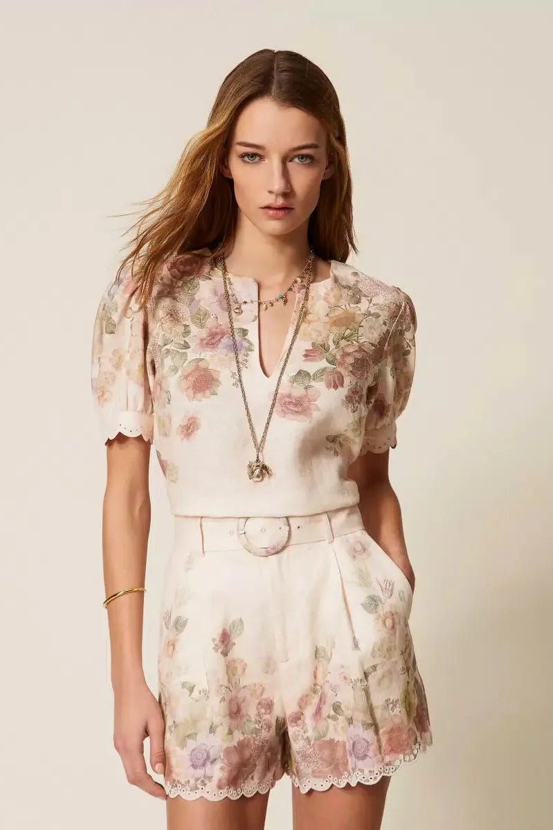 Linen Floral Shorts With Embroidery Wildflowers Pastel Colour Print-TWINSET-Tocca Finita