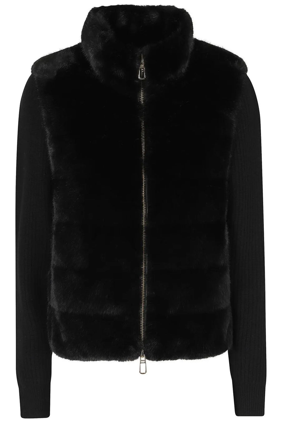 Nila Short Jacket In Quilted Faux Fur With Wool Knit Sleeves Black-Duno-Tocca Finita