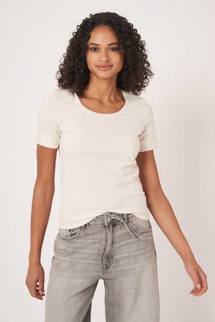Stretch Cotton T-Shirt With Rolled Sleeves Ivory-Repeat-Tocca Finita