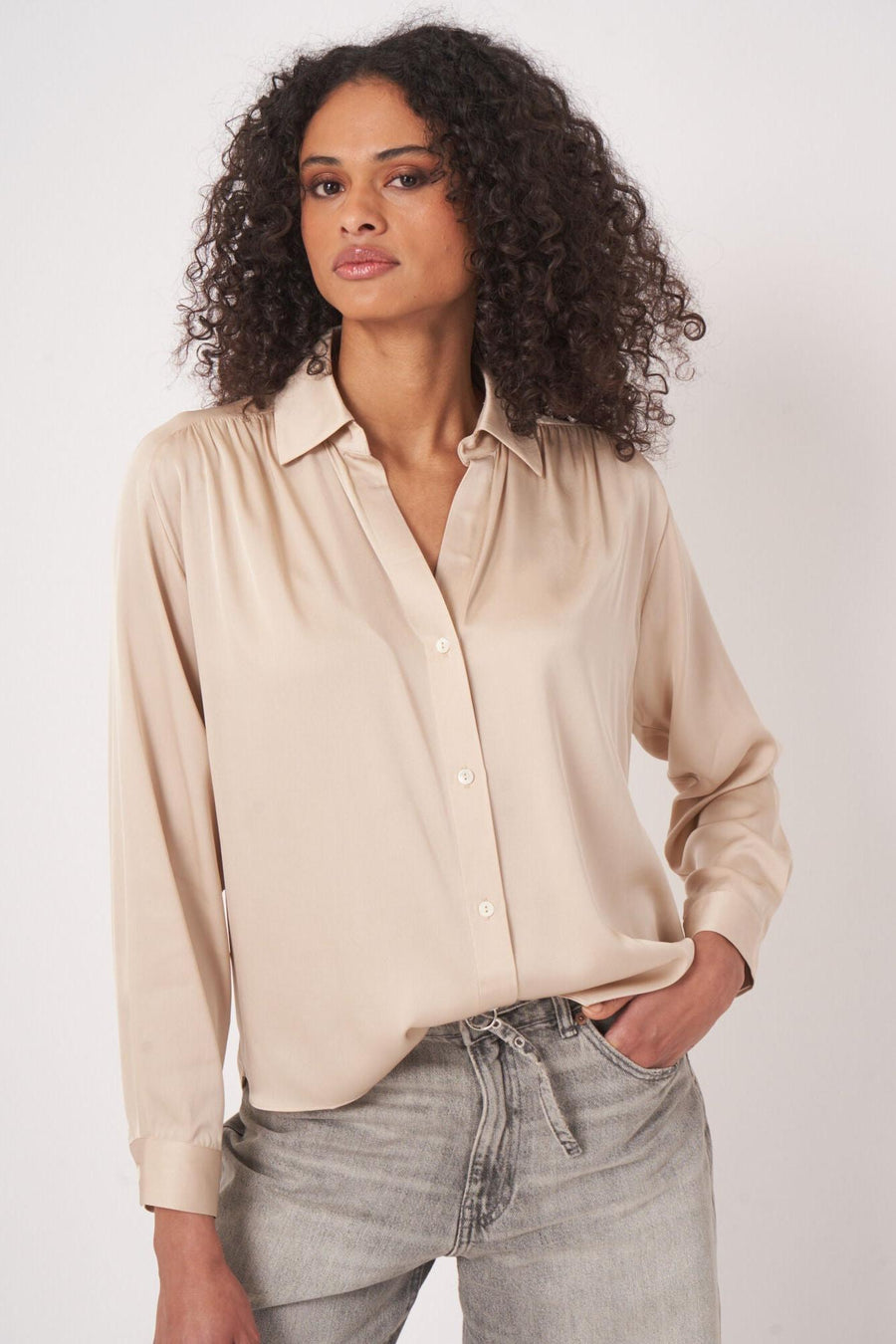 Stretch Silk Button-Front Blouse Natural-Repeat-Tocca Finita