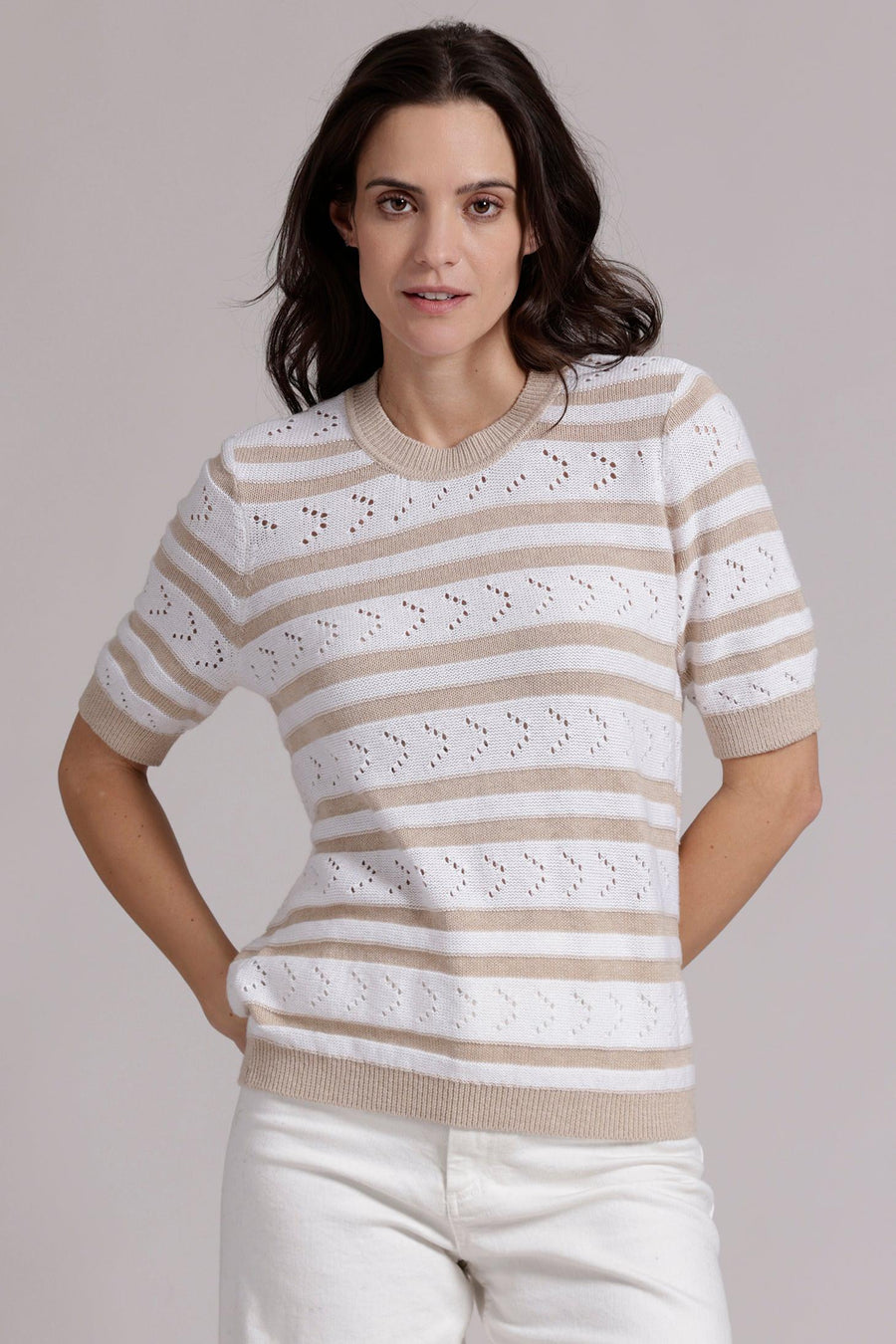 Striped Pointelle Crew in Brown/White-Minnie Rose-Tocca Finita