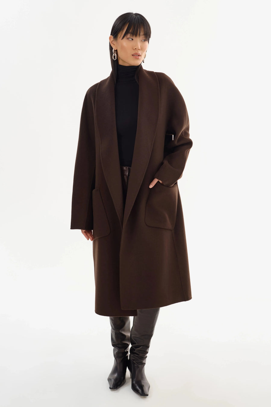 Thara Shawl Collar Wool Coat Dark Brown-LAMARQUE-Tocca Finita