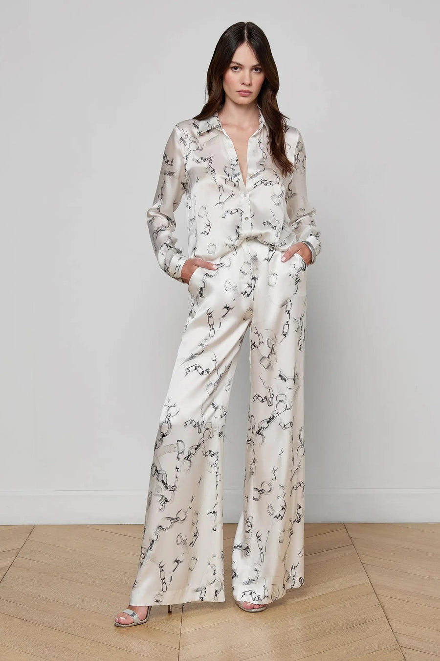 Tyler Silk Blouse Ivory/Grey Small Faded Chain-L&