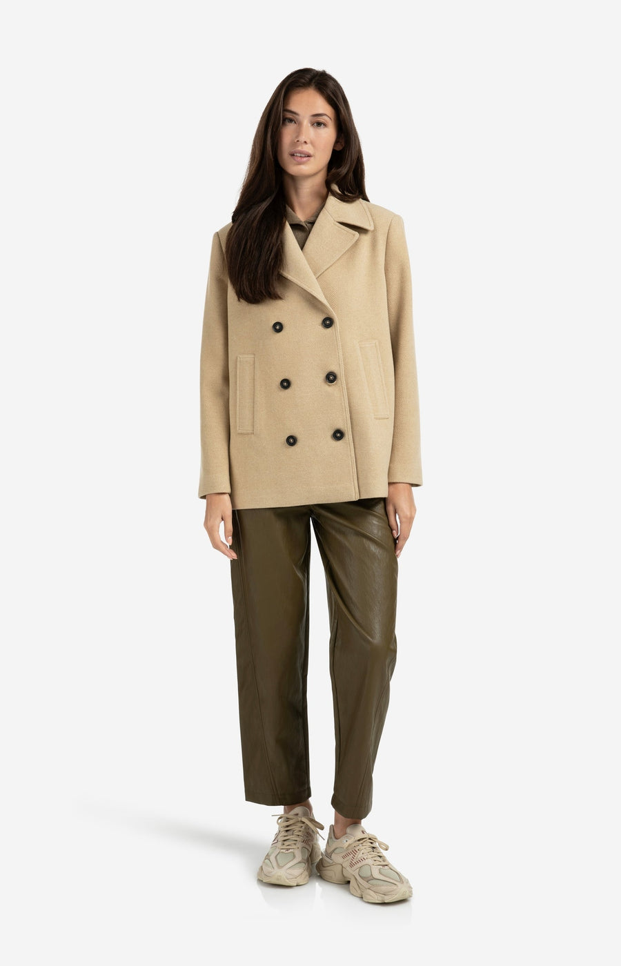 Woven Short Coat With Double-Breasted Closure Greenish Sand Beige-YAYA-Tocca Finita