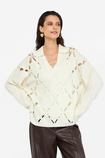100% Wool Jumper With Bejewelled Embroidery-Liu Jo White-Tocca Finita