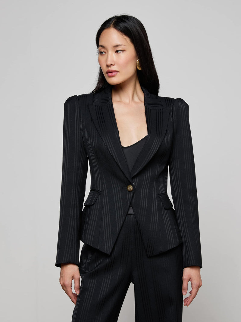 Kaisley Faux Fur Collar Blazer Black Shadow Stripe