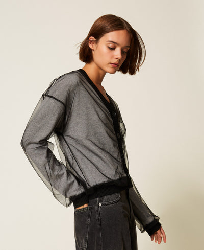 Knit Cardigan With Tulle Black/ Melange Gray