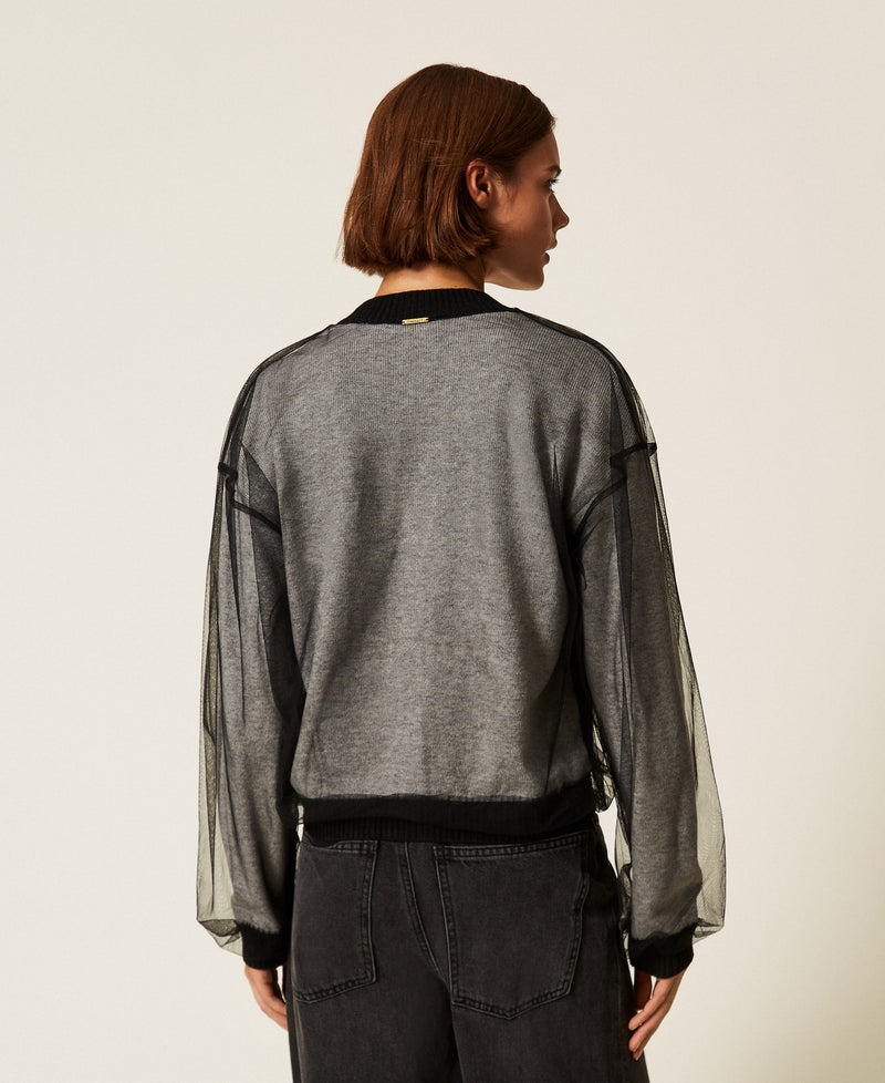 Knit Cardigan With Tulle Black/ Melange Gray