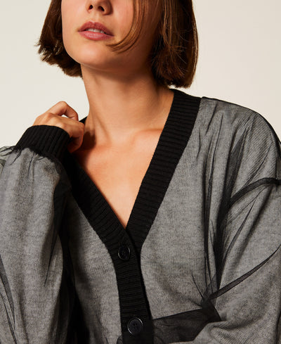 Knit Cardigan With Tulle Black/ Melange Gray