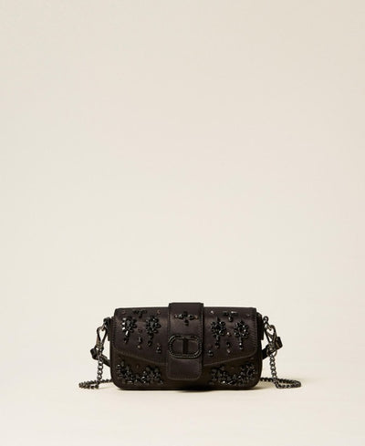 “Amie” Satin Shoulder Bag With Rhinestones Black