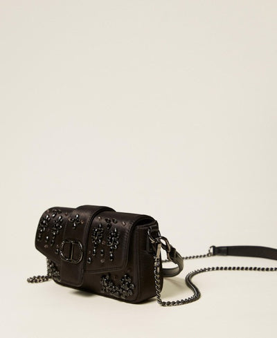 “Amie” Satin Shoulder Bag With Rhinestones Black
