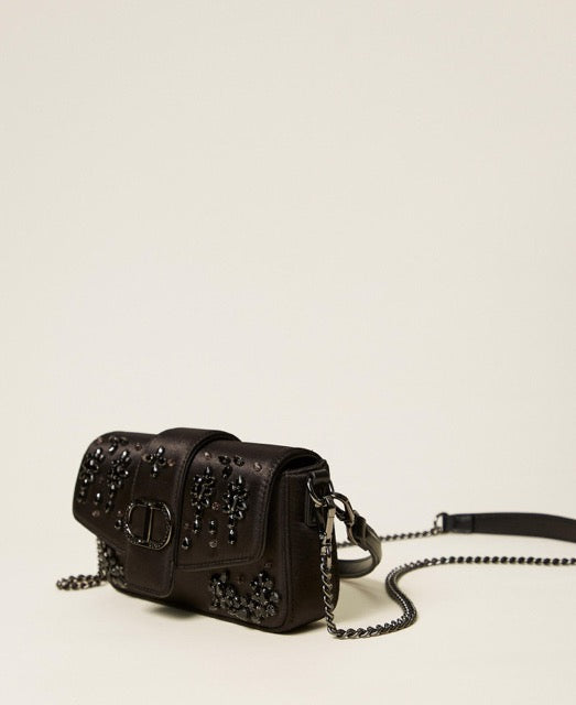 “Amie” Satin Shoulder Bag With Rhinestones Black