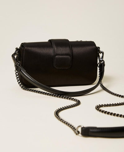 “Amie” Satin Shoulder Bag With Rhinestones Black