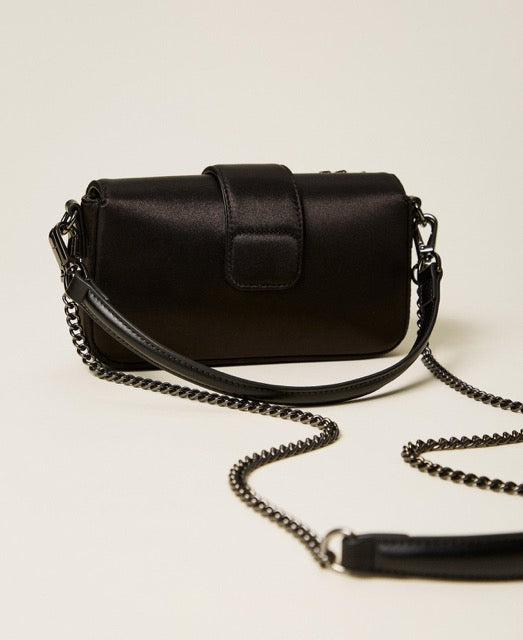 “Amie” Satin Shoulder Bag With Rhinestones Black