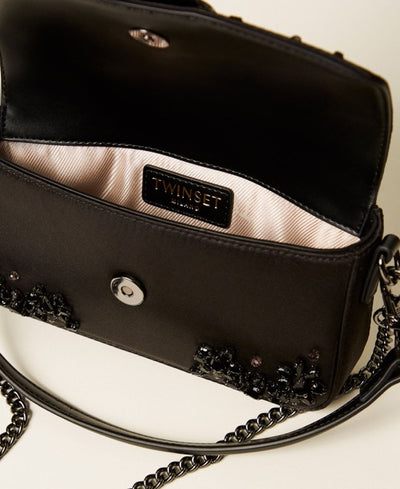 “Amie” Satin Shoulder Bag With Rhinestones Black