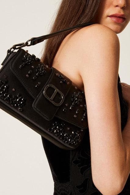 “Amie” Satin Shoulder Bag With Rhinestones Black