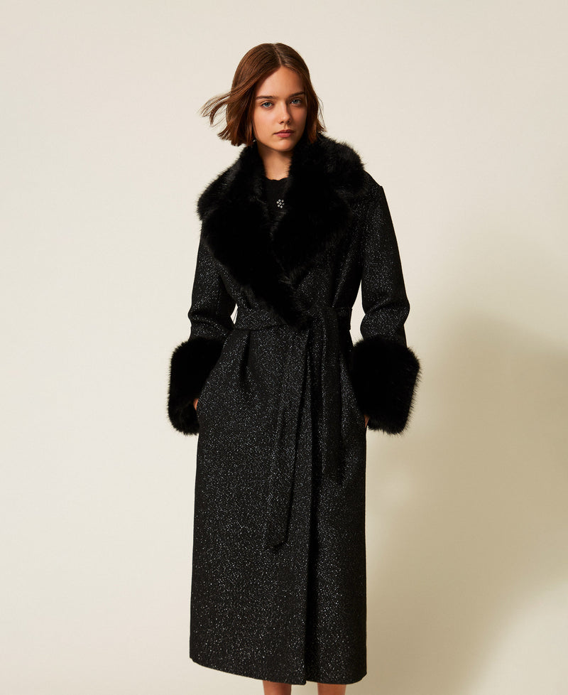 Long Wool Cloth Coat With Faux Fur Salt & Pepper