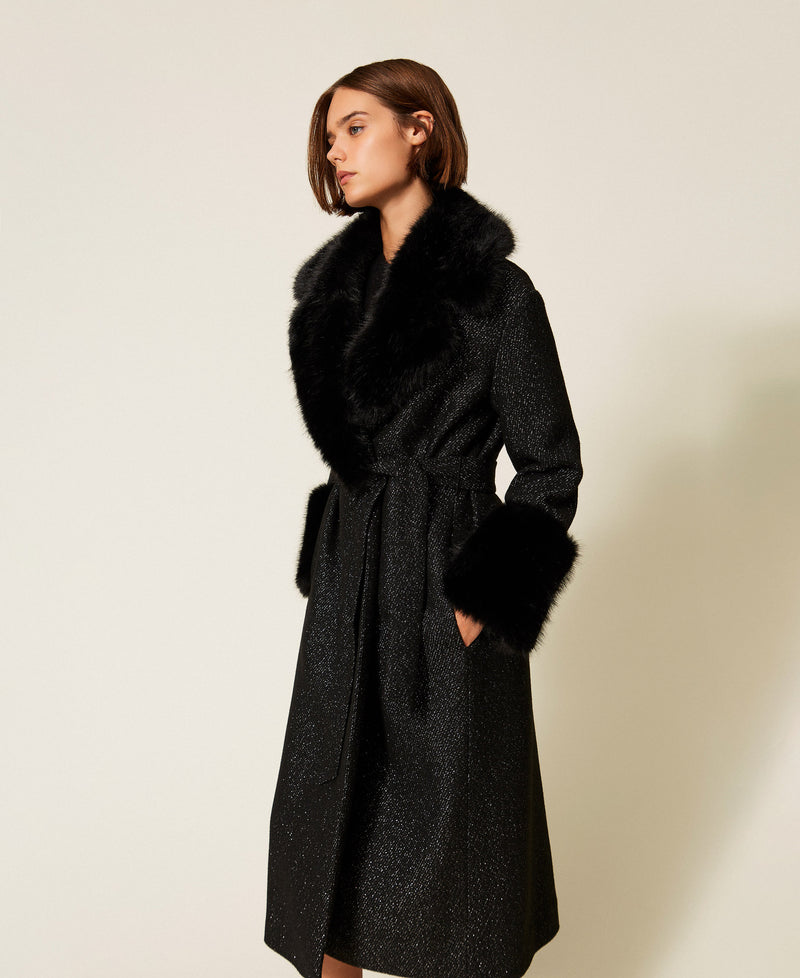 Long Wool Cloth Coat With Faux Fur Salt & Pepper