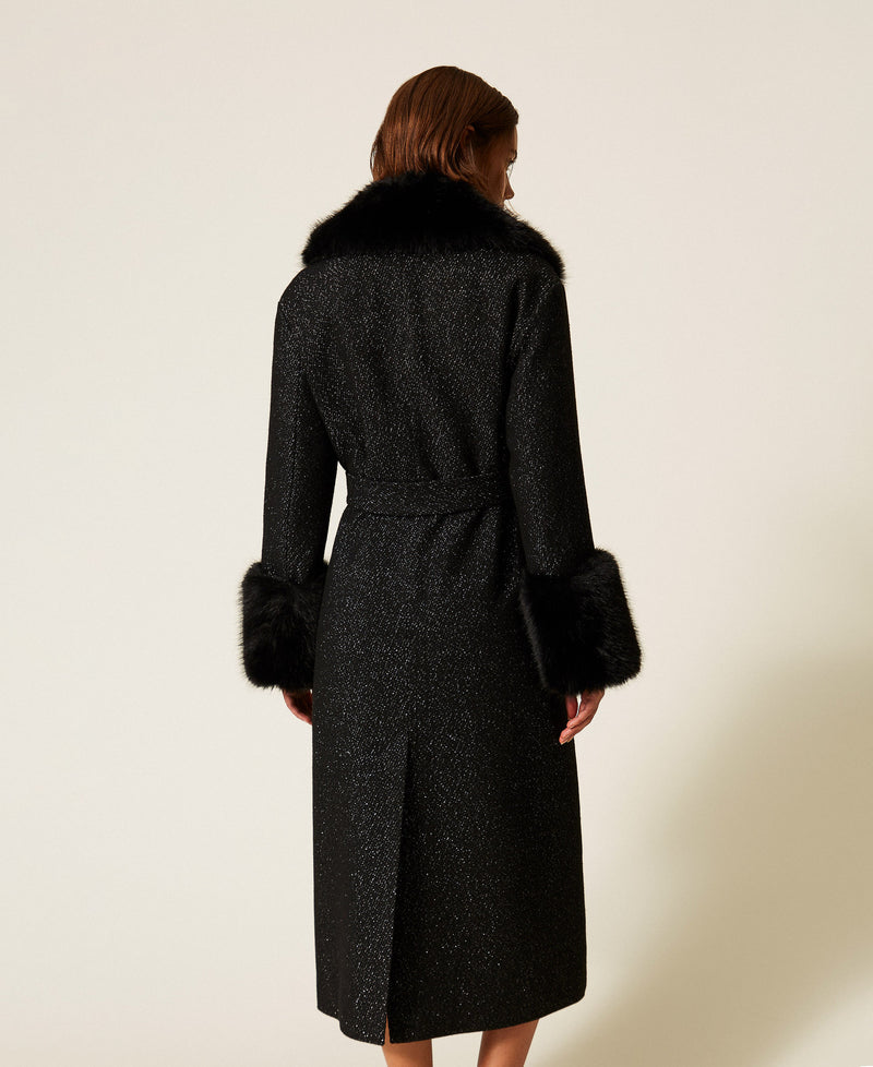 Long Wool Cloth Coat With Faux Fur Salt & Pepper