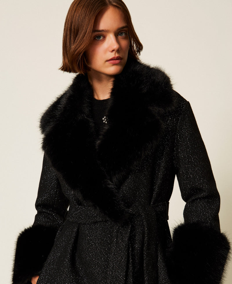 Long Wool Cloth Coat With Faux Fur Salt & Pepper