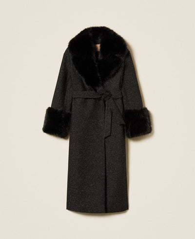 Long Wool Cloth Coat With Faux Fur Salt & Pepper