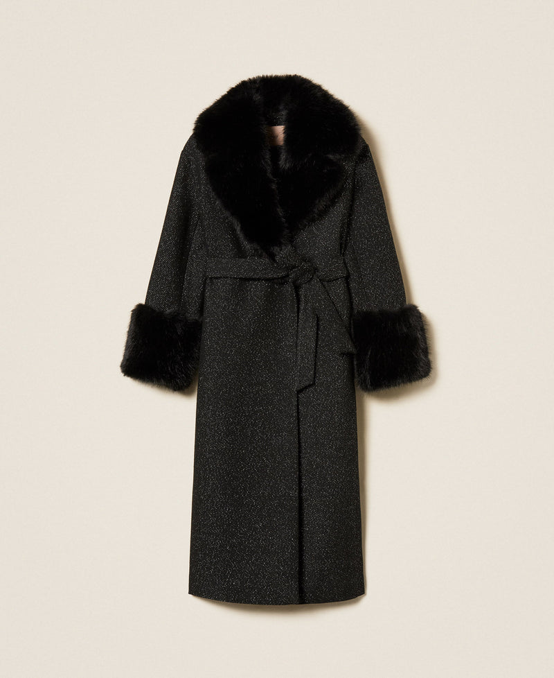 Long Wool Cloth Coat With Faux Fur Salt & Pepper