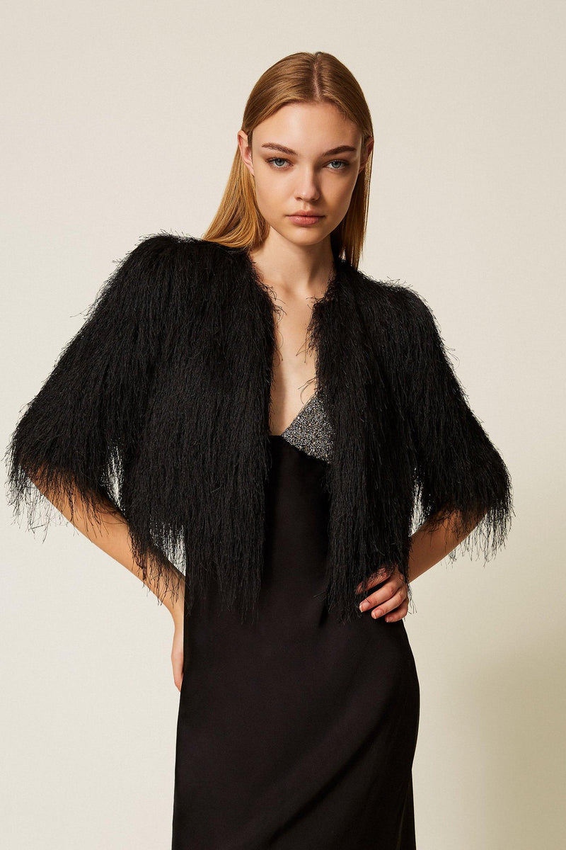 Cropped Jacket With Fringes Black