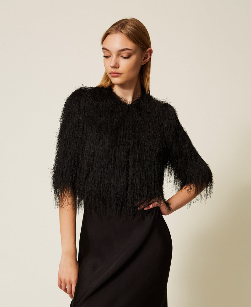 Cropped Jacket With Fringes Black
