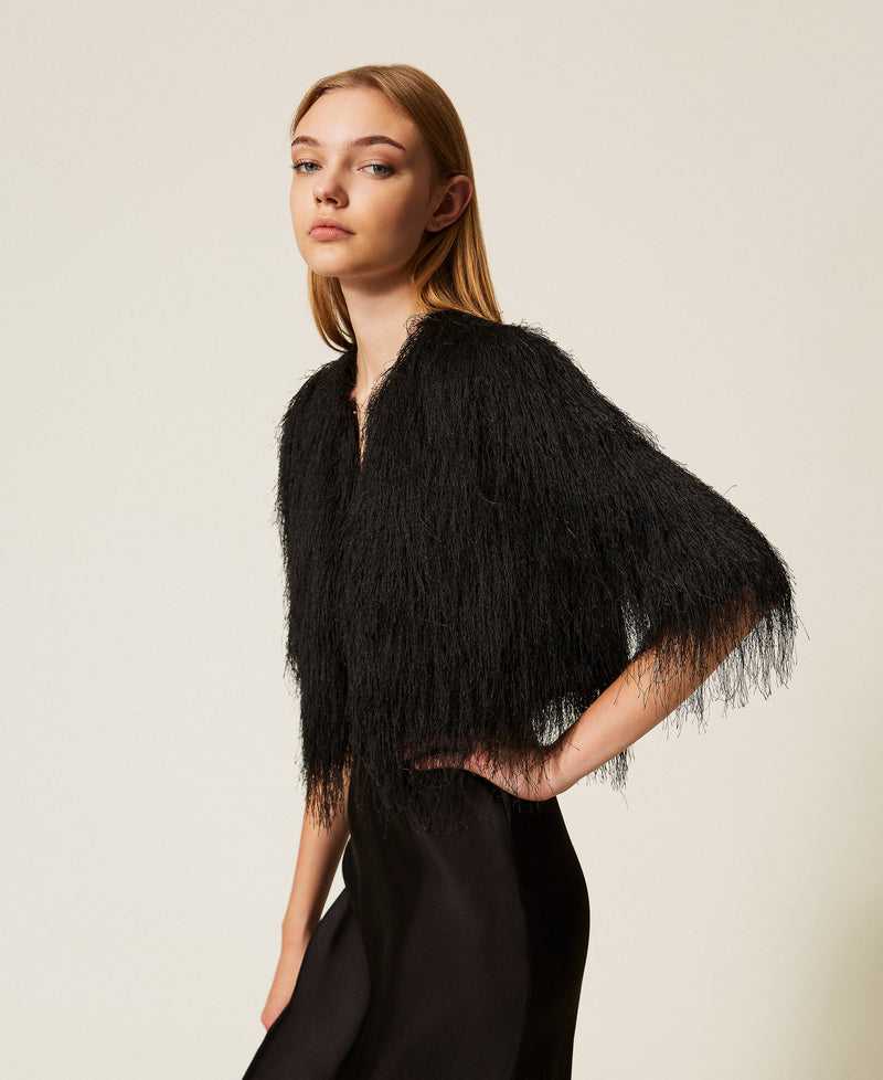 Cropped Jacket With Fringes Black