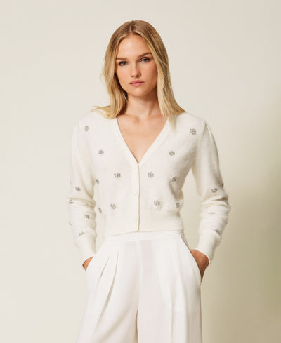 Angora Blend Cardigan With Embroidery White Snow