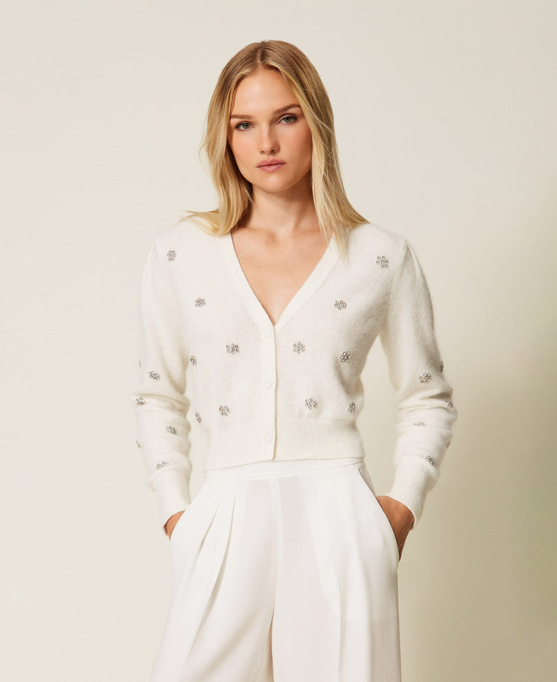 Angora Blend Cardigan With Embroidery White Snow