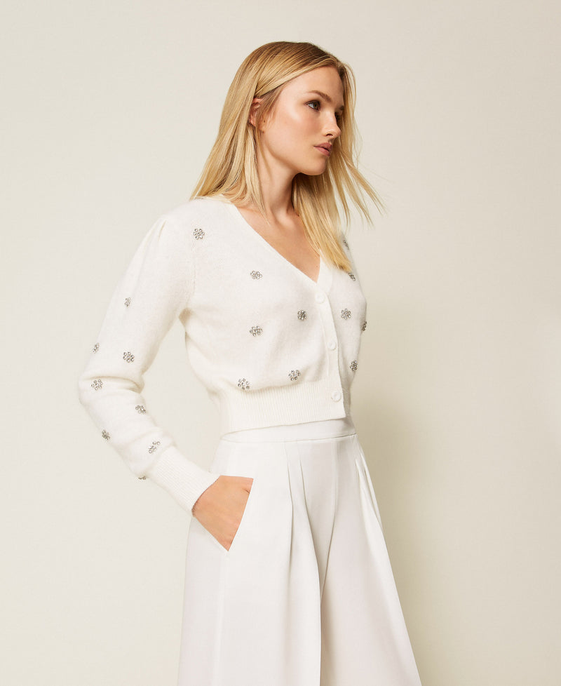 Angora Blend Cardigan With Embroidery White Snow