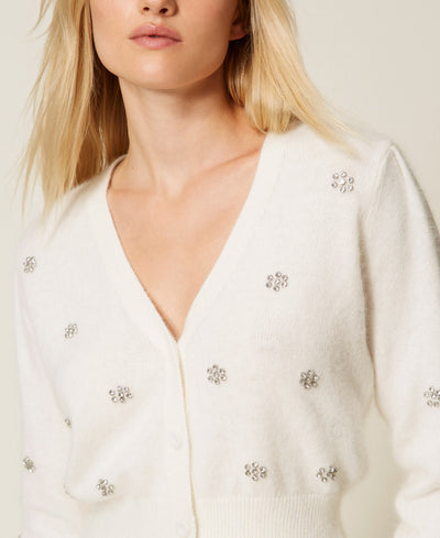 Angora Blend Cardigan With Embroidery White Snow