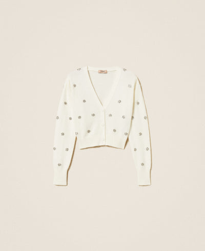 Angora Blend Cardigan With Embroidery White Snow