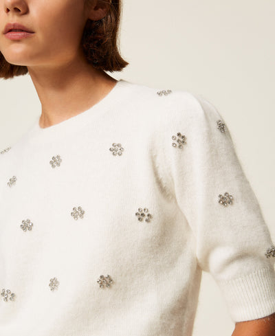 Angora Blend Jumper With Embroidery White Snow