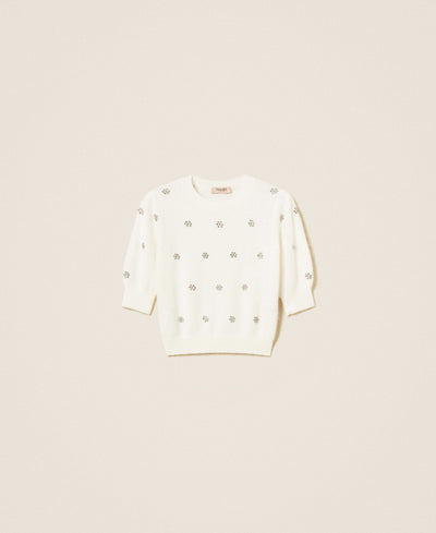 Angora Blend Jumper With Embroidery White Snow